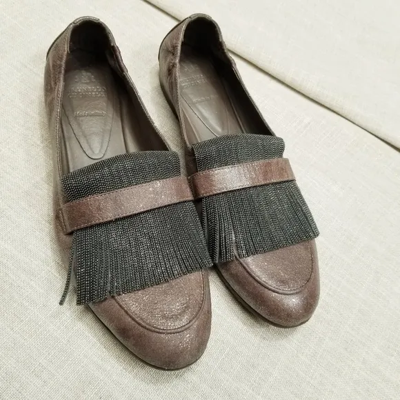 Brunelleschi Cucinelli Brown Glitter Shimmer Tassel Loafers Elastic Back‎ 38 8