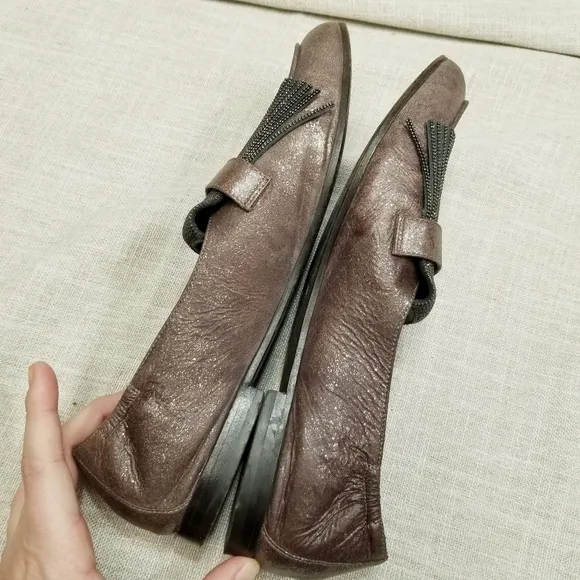Brunelleschi Cucinelli Brown Glitter Shimmer Tassel Loafers Elastic Back‎ 38 8