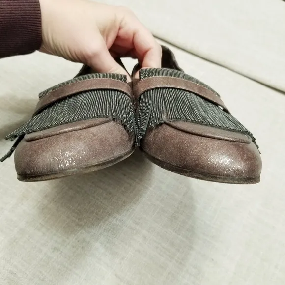Brunelleschi Cucinelli Brown Glitter Shimmer Tassel Loafers Elastic Back‎ 38 8