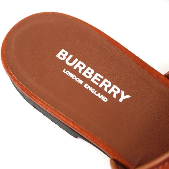 Burberry Heidi Amber Brown Leather Toe Ring Sandals 36 Silver Chain Slide