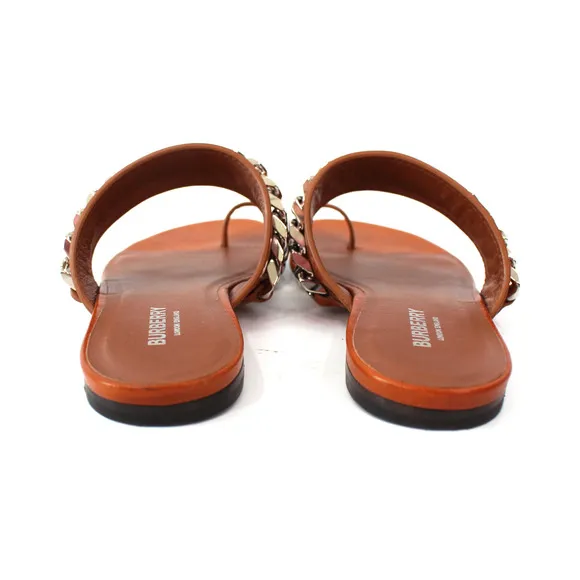 Burberry Heidi Amber Brown Leather Toe Ring Sandals 36 Silver Chain Slide