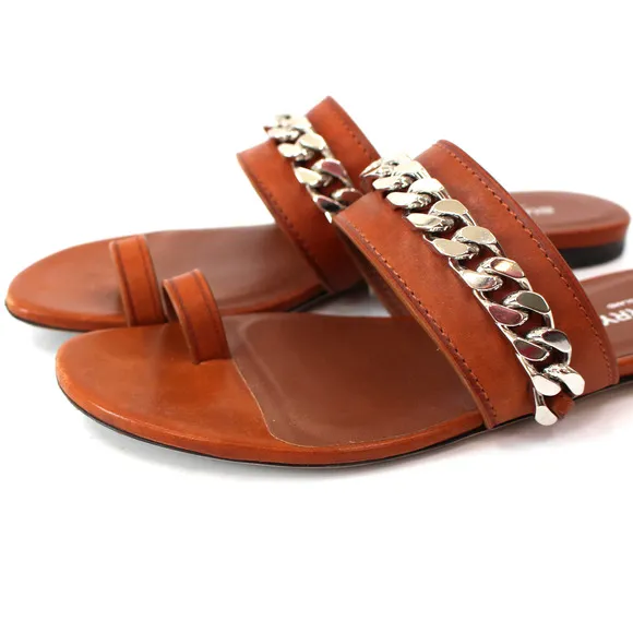 Burberry Heidi Amber Brown Leather Toe Ring Sandals 36 Silver Chain Slide