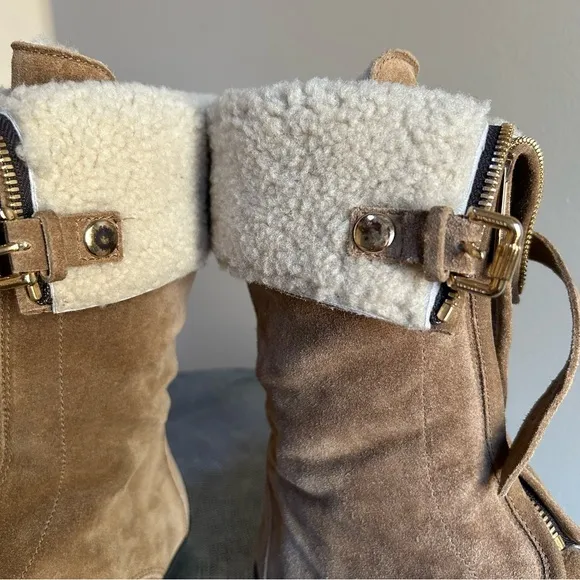 Burberry ~ Stanleigh Weather Shearling Flat Ankle Tan Suede Boots in size EU 38