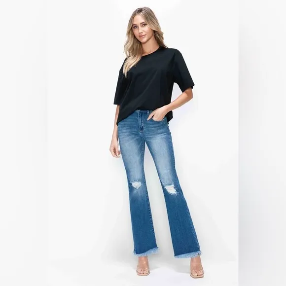 bytos Raw Hem Distressed High Rise Bootcut Jeans
