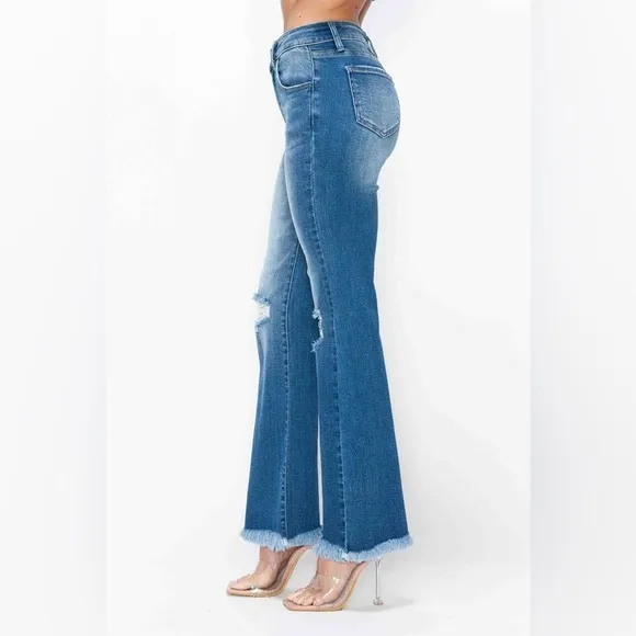 bytos Raw Hem Distressed High Rise Bootcut Jeans
