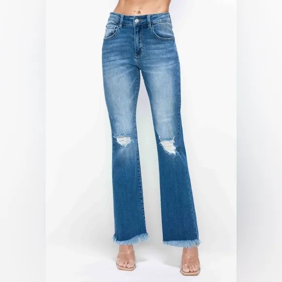 bytos Raw Hem Distressed High Rise Bootcut Jeans