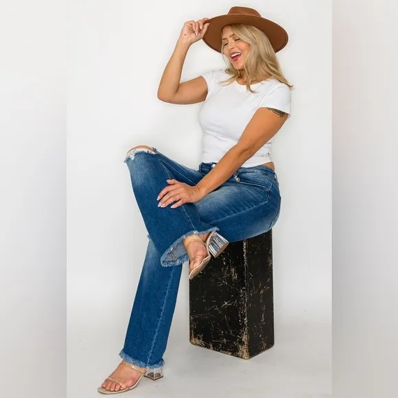 bytos Raw Hem Distressed High Rise Bootcut Jeans
