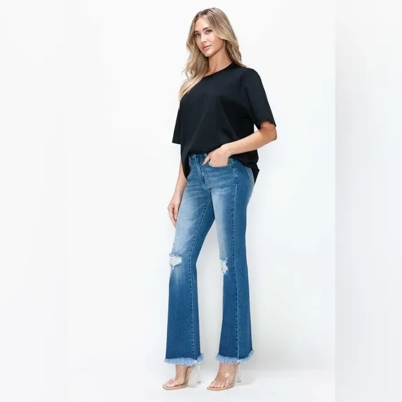 bytos Raw Hem Distressed High Rise Bootcut Jeans