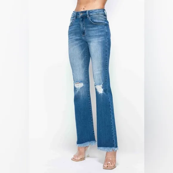 bytos Raw Hem Distressed High Rise Bootcut Jeans