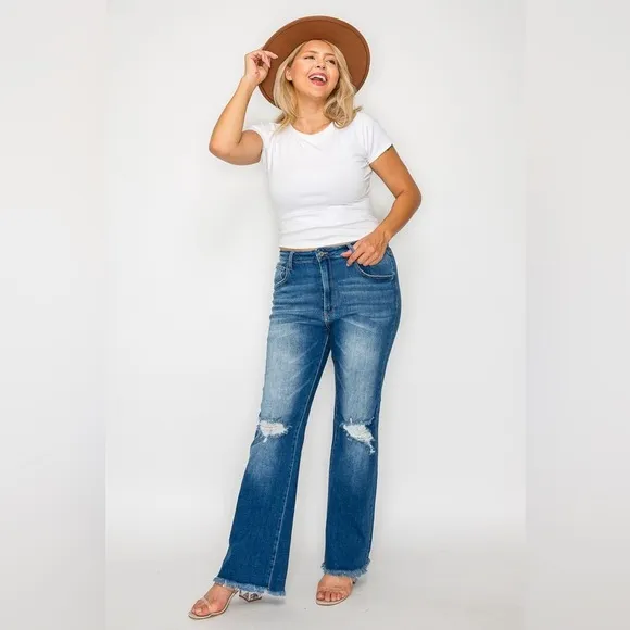 bytos Raw Hem Distressed High Rise Bootcut Jeans
