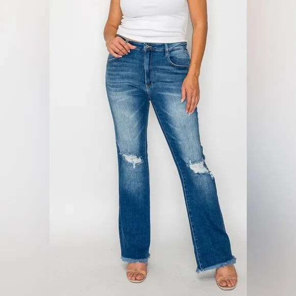 bytos Raw Hem Distressed High Rise Bootcut Jeans