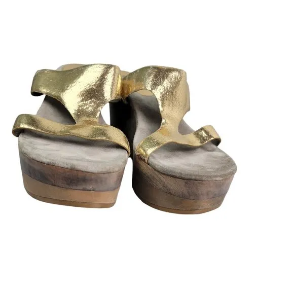 Calleen Cordero Women Size US 10 Platform Wedge Wood Slip On Sandals Gold