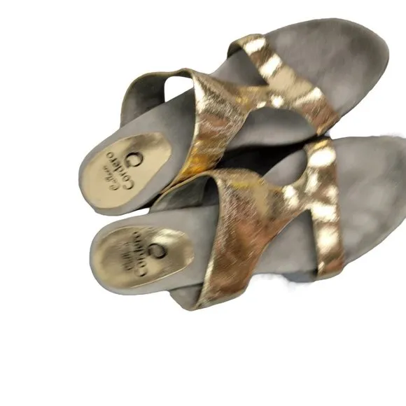 Calleen Cordero Women Size US 10 Platform Wedge Wood Slip On Sandals Gold