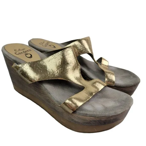 Calleen Cordero Women Size US 10 Platform Wedge Wood Slip On Sandals Gold