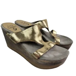 Calleen Cordero Women Size US 10 Platform Wedge Wood Slip On Sandals Gold