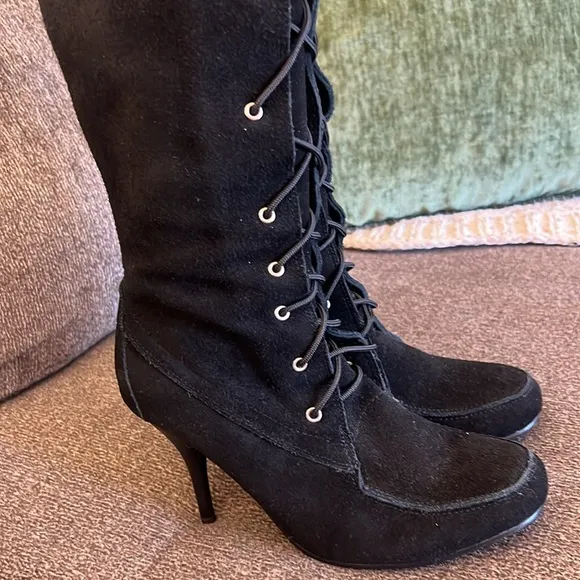 Cami Black Stiletto Suede Bohemian leather boots, Size 7.5 NWOT