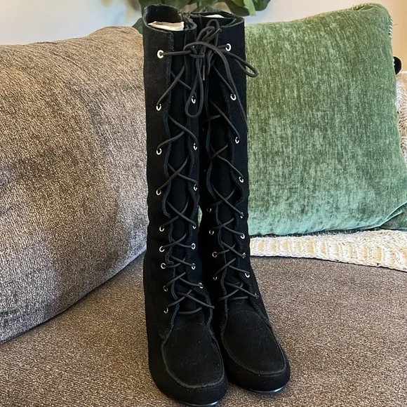 Cami Black Stiletto Suede Bohemian leather boots, Size 7.5 NWOT