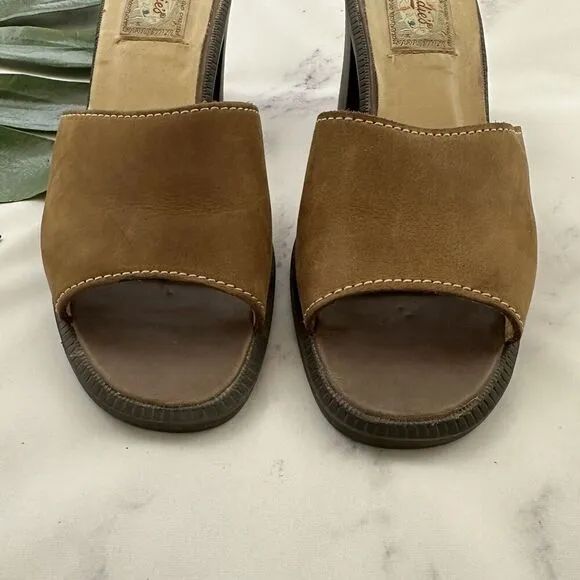 Candies Womens Vintage Y2k Block Heel Sandals Size 9 Brown Leather Slip On Chunk