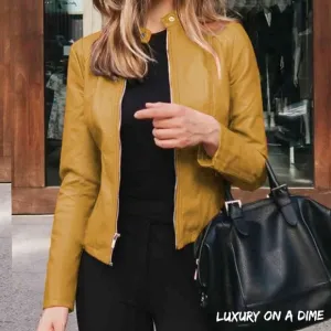 Chic Moto Vegan Leather Jacket Zip-up Sleek Snap Mock Neck Trendy Honey Mustard
