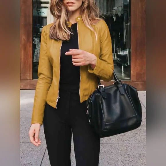 Chic Moto Vegan Leather Jacket Zip-up Sleek Snap Mock Neck Trendy Honey Mustard