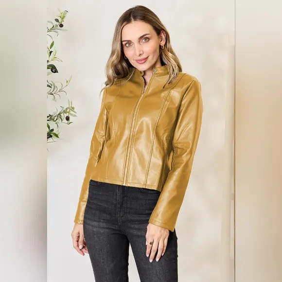 Chic Moto Vegan Leather Jacket Zip-up Sleek Snap Mock Neck Trendy Honey Mustard
