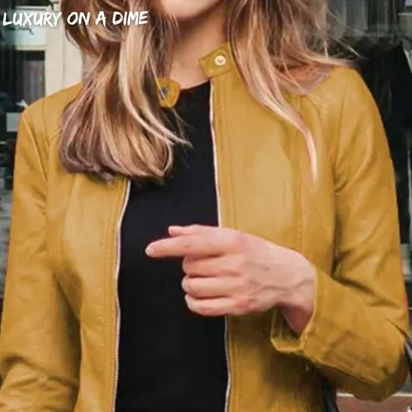 Chic Moto Vegan Leather Jacket Zip-up Sleek Snap Mock Neck Trendy Honey Mustard