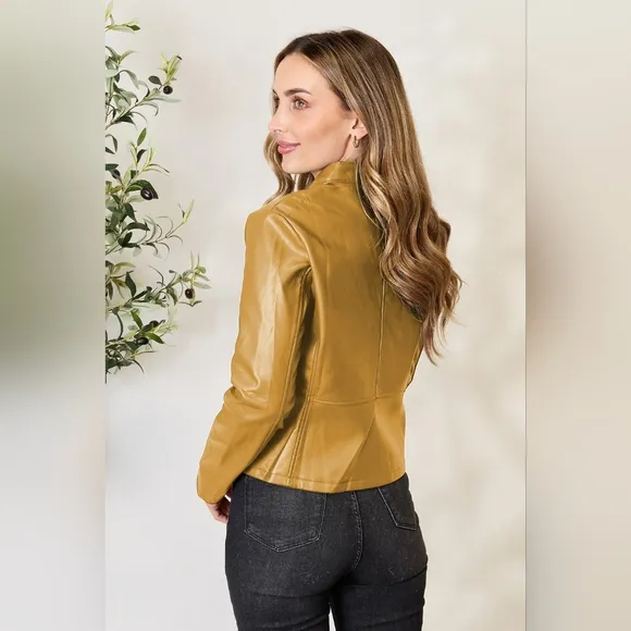 Chic Moto Vegan Leather Jacket Zip-up Sleek Snap Mock Neck Trendy Honey Mustard
