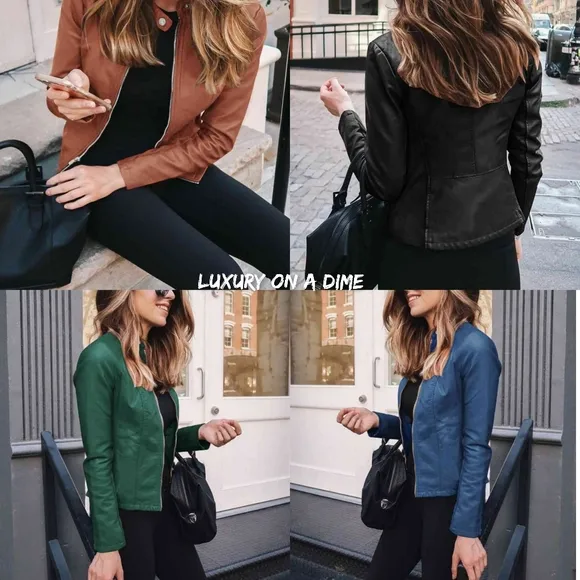 Chic Moto Vegan Leather Jacket Zip-up Sleek Snap Mock Neck Trendy Honey Mustard