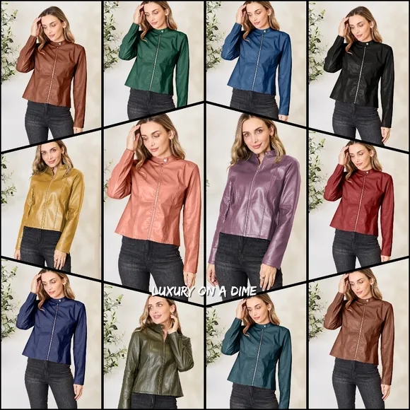 Chic Moto Vegan Leather Jacket Zip-up Sleek Snap Mock Neck Trendy Honey Mustard