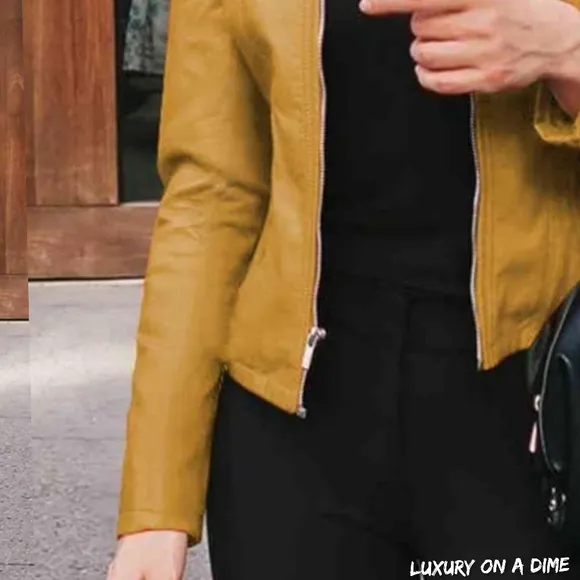 Chic Moto Vegan Leather Jacket Zip-up Sleek Snap Mock Neck Trendy Honey Mustard