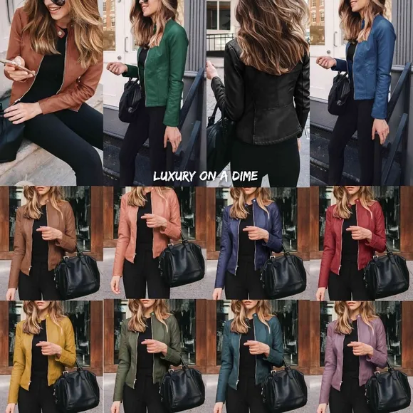 Chic Moto Vegan Leather Jacket Zip-up Sleek Snap Mock Neck Trendy Honey Mustard