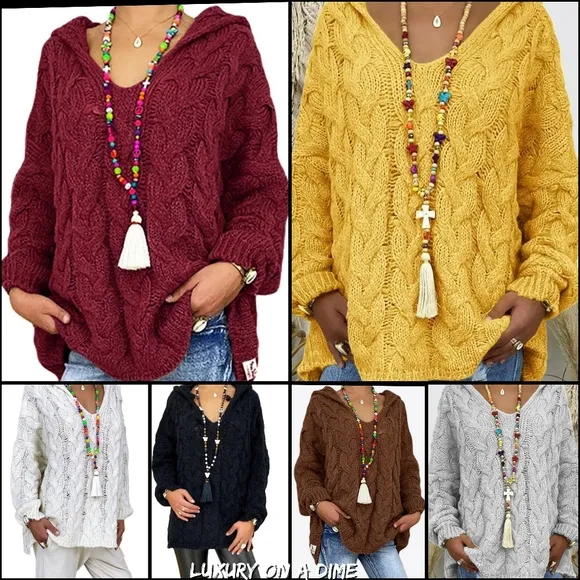 Chunky Cable-Knit Oversized Hoodie Long Sleeve Fall Winter Pullover Sweater Top