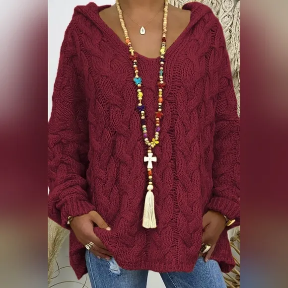 Chunky Cable-Knit Oversized Hoodie Long Sleeve Fall Winter Pullover Sweater Top