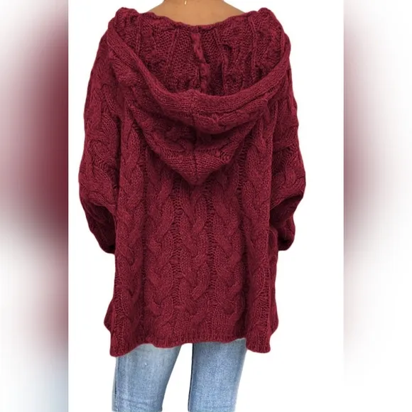 Chunky Cable-Knit Oversized Hoodie Long Sleeve Fall Winter Pullover Sweater Top