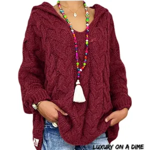 Chunky Cable-Knit Oversized Hoodie Long Sleeve Fall Winter Pullover Sweater Top