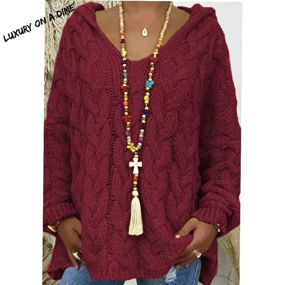 Chunky Cable-Knit Oversized Hoodie Long Sleeve Fall Winter Pullover Sweater Top