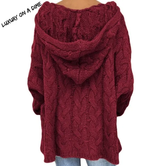 Chunky Cable-Knit Oversized Hoodie Long Sleeve Fall Winter Pullover Sweater Top