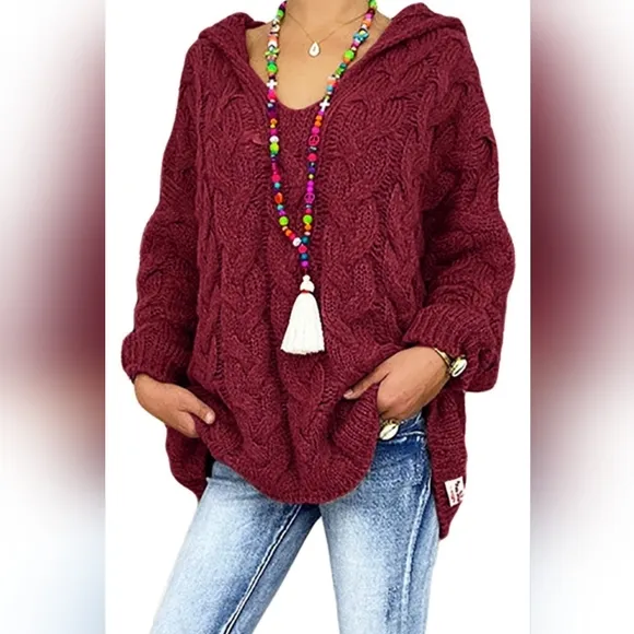 Chunky Cable-Knit Oversized Hoodie Long Sleeve Fall Winter Pullover Sweater Top