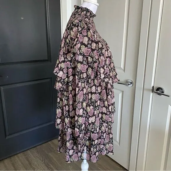 Cinq a Sept Black Floral Long Sleeve Billowy Mock Turtleneck Mini Dress Size 6