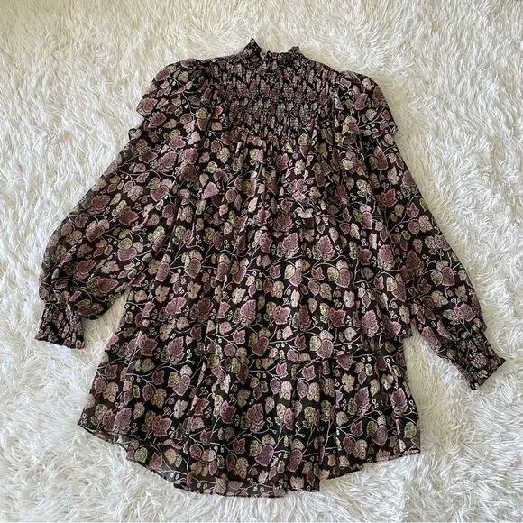 Cinq a Sept Black Floral Long Sleeve Billowy Mock Turtleneck Mini Dress Size 6