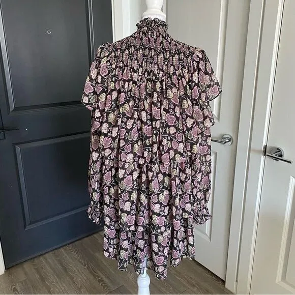 Cinq a Sept Black Floral Long Sleeve Billowy Mock Turtleneck Mini Dress Size 6