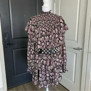 Cinq a Sept Black Floral Long Sleeve Billowy Mock Turtleneck Mini Dress Size 6