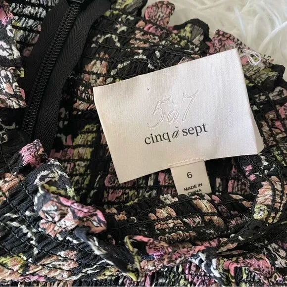 Cinq a Sept Black Floral Long Sleeve Billowy Mock Turtleneck Mini Dress Size 6