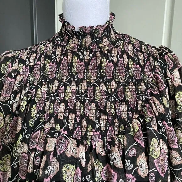 Cinq a Sept Black Floral Long Sleeve Billowy Mock Turtleneck Mini Dress Size 6