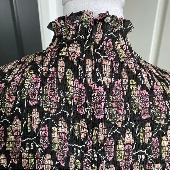 Cinq a Sept Black Floral Long Sleeve Billowy Mock Turtleneck Mini Dress Size 6