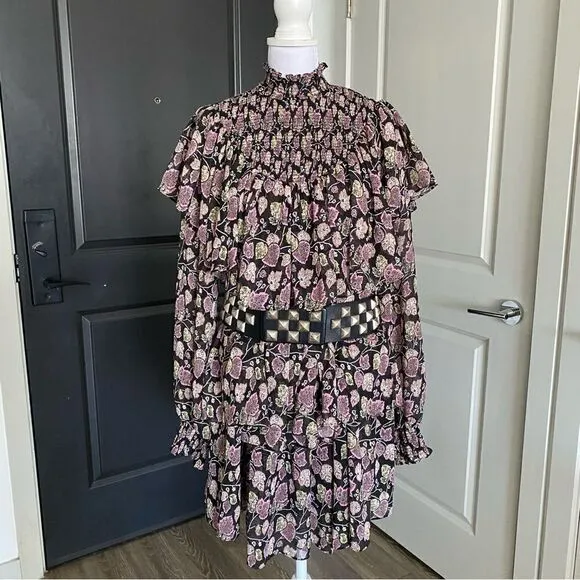 Cinq a Sept Black Floral Long Sleeve Billowy Mock Turtleneck Mini Dress Size 6