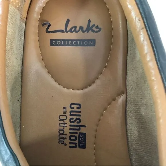 CLARKS COLLECTION Cushion Ortholite Black Leather Oxford Slip On Shoes Sz 11