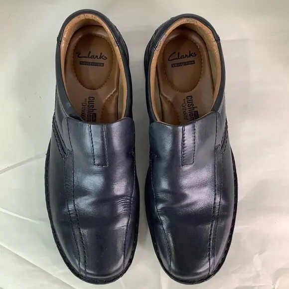 CLARKS COLLECTION Cushion Ortholite Black Leather Oxford Slip On Shoes Sz 11
