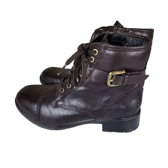 Clarks- Women's Swansea Ledge Dark brown Leather Moto Combat Boots, Size 9