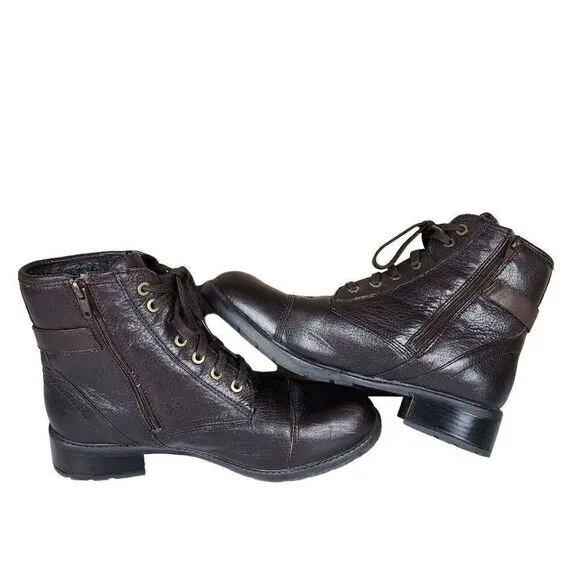Clarks- Women's Swansea Ledge Dark brown Leather Moto Combat Boots, Size 9